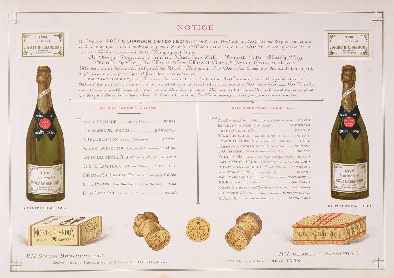世界中のエージェントとパッケージのサンプル、パブLe France Vinicoleから。 Moet＆Chandon、Epernay 作： B.アルノー