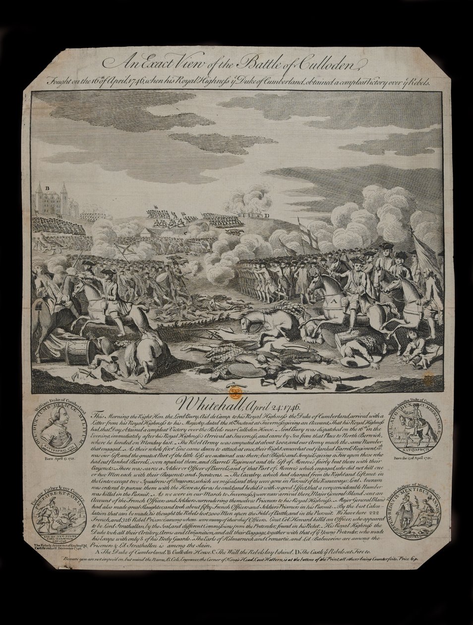 1746年にロンドンのホルボーンにある王の頭の隅にあるB.コールから出版されたカロデンの戦いの正確な眺め 作： B.コール