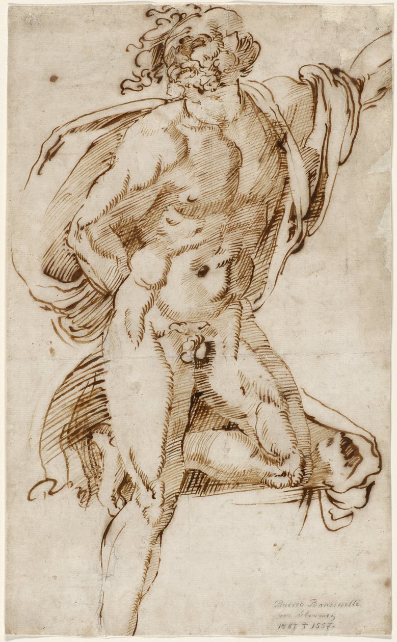 contrappostoポーズで片膝をついた男性のヌード（Laocoönに関連する研究）、c.1520-25（敷き紙にペンと鉄の玉のインク） 作： バッチオ・バンディネッリ