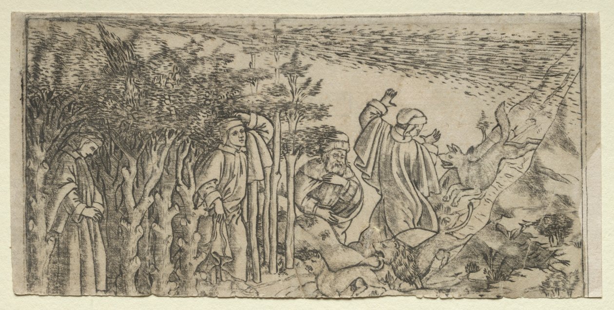 Dante Lost in the Wood：Escaping and Meeting Virgil、Canto I、1481。 作： バッチョ バルディーニ