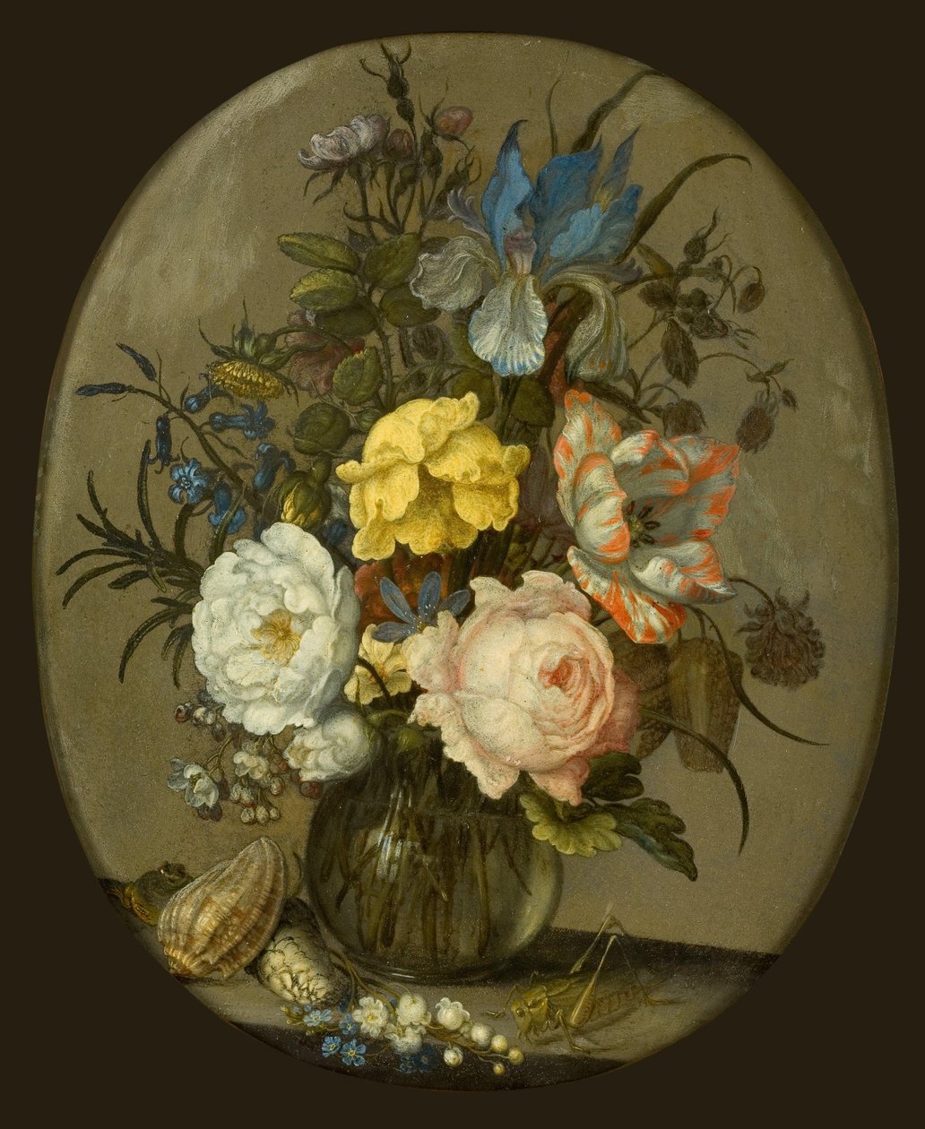 i番目の貝殻と昆虫の隣にあるガラスの花瓶の花 作： バルタザール・ファン・デル・アスト