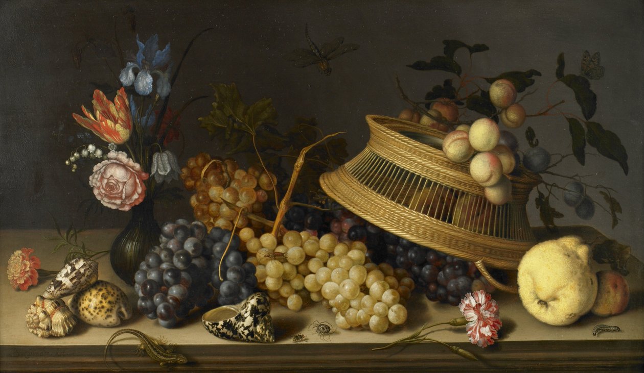 花、果物、貝殻、昆虫の静物 作： バルタザール・ファン・デル・アスト