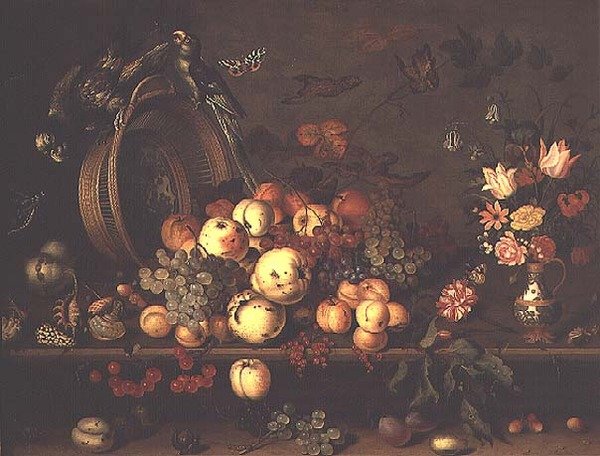 果実、花、オウムのある静物画 1620年代前半（パネル） 作： バルタザール・ファン・デル・アスト