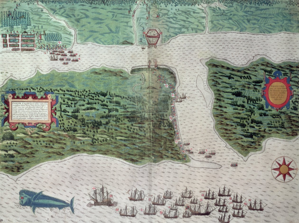 1586年7月7日、フランシスドレイク卿（1540-96）1589が指揮したイギリス艦隊によるフロリダのセントオーガスティンの植民地の破壊を描いた地図（手描きの彫刻） 作： バプティスタボアツィオ