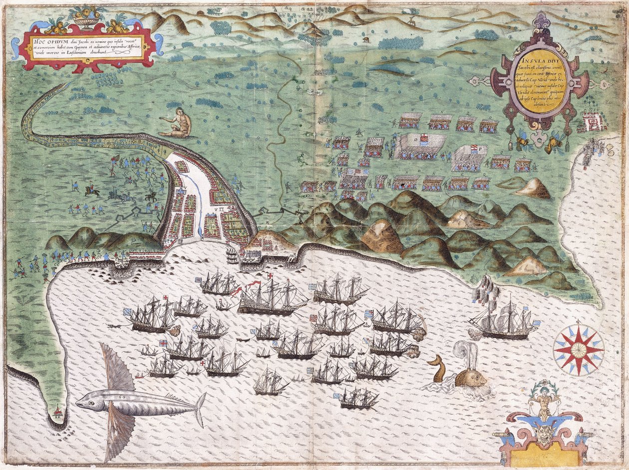 1585年11月17日、フランシスドレークのスペイン砦への攻撃を示す、カーボベルデ諸島のサンティアゴのビュープラン、1588-9年 作： バプティスタボアツィオ