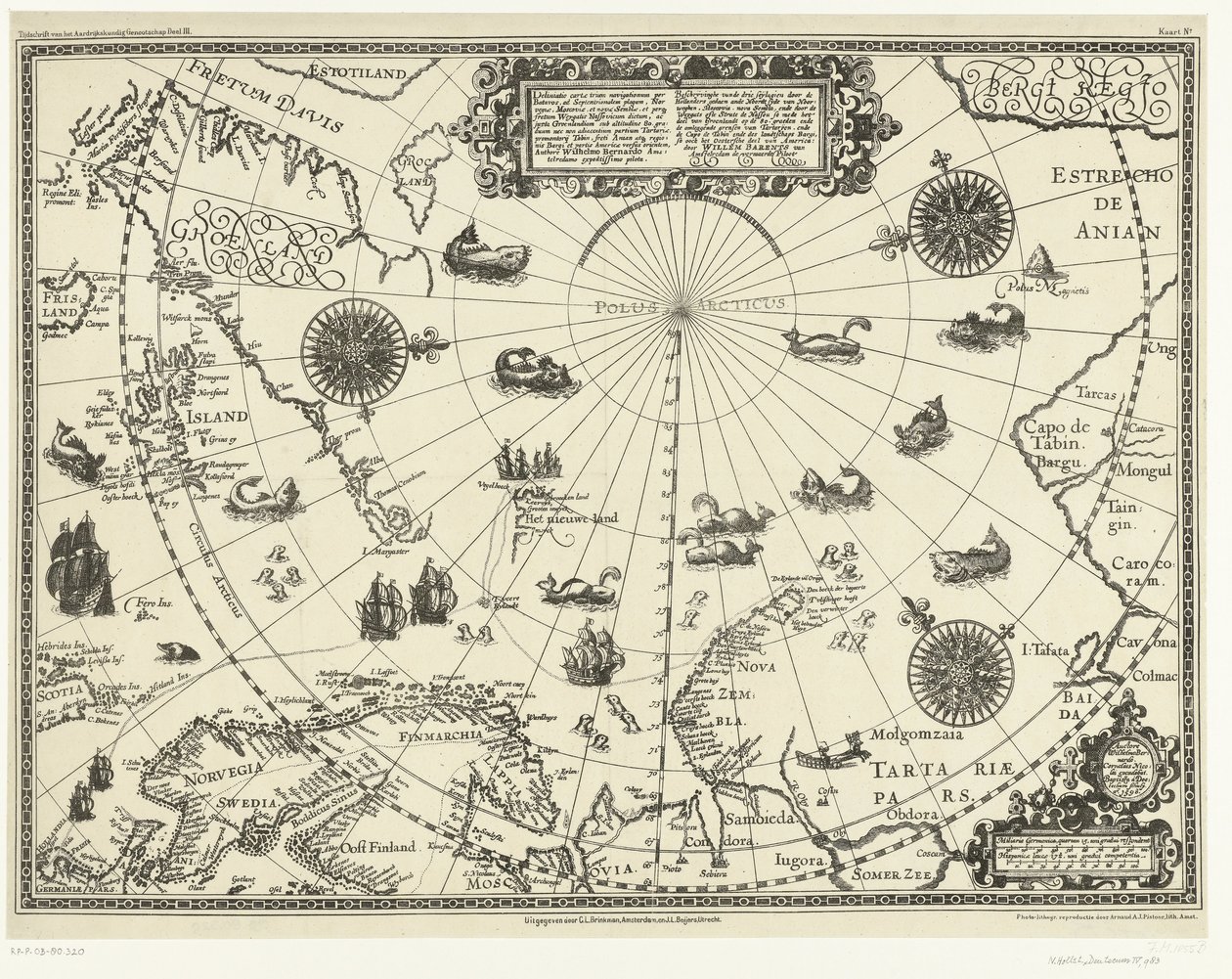 北極圏周辺諸国と1598年のオランダの3回の航海の地図 作： バプティスタ・ヴァン（後）ドゥーテクム