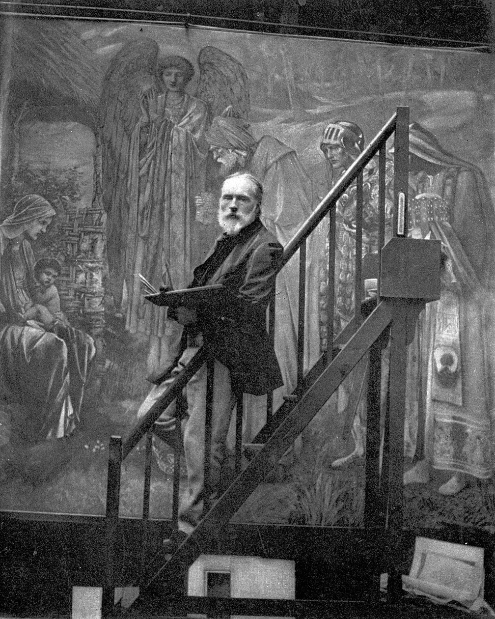 アトリエで「ベツレヘムの星」を描くサー・エドワード・バーン＝ジョーンズ 作： バーバラ (1870～1952) サザビー