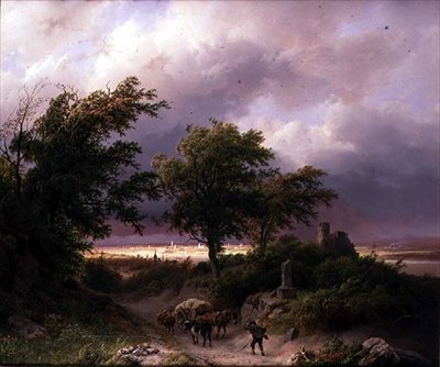 クリーブを遠景にした林間の風景（油彩・キャンバス 作： バーエンド・コルネリス・コエコエク