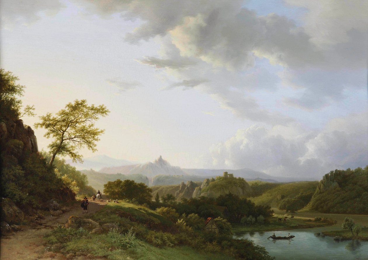 旅人と城跡が遠くに見える夏のパノラマ風景 作： バーエンド・コルネリス・コエコエク