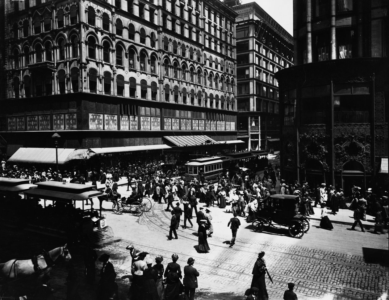 米国イリノイ州シカゴ、State and Madison Streets, c.1905 (bw photo) 作： バーンズとクロスビー