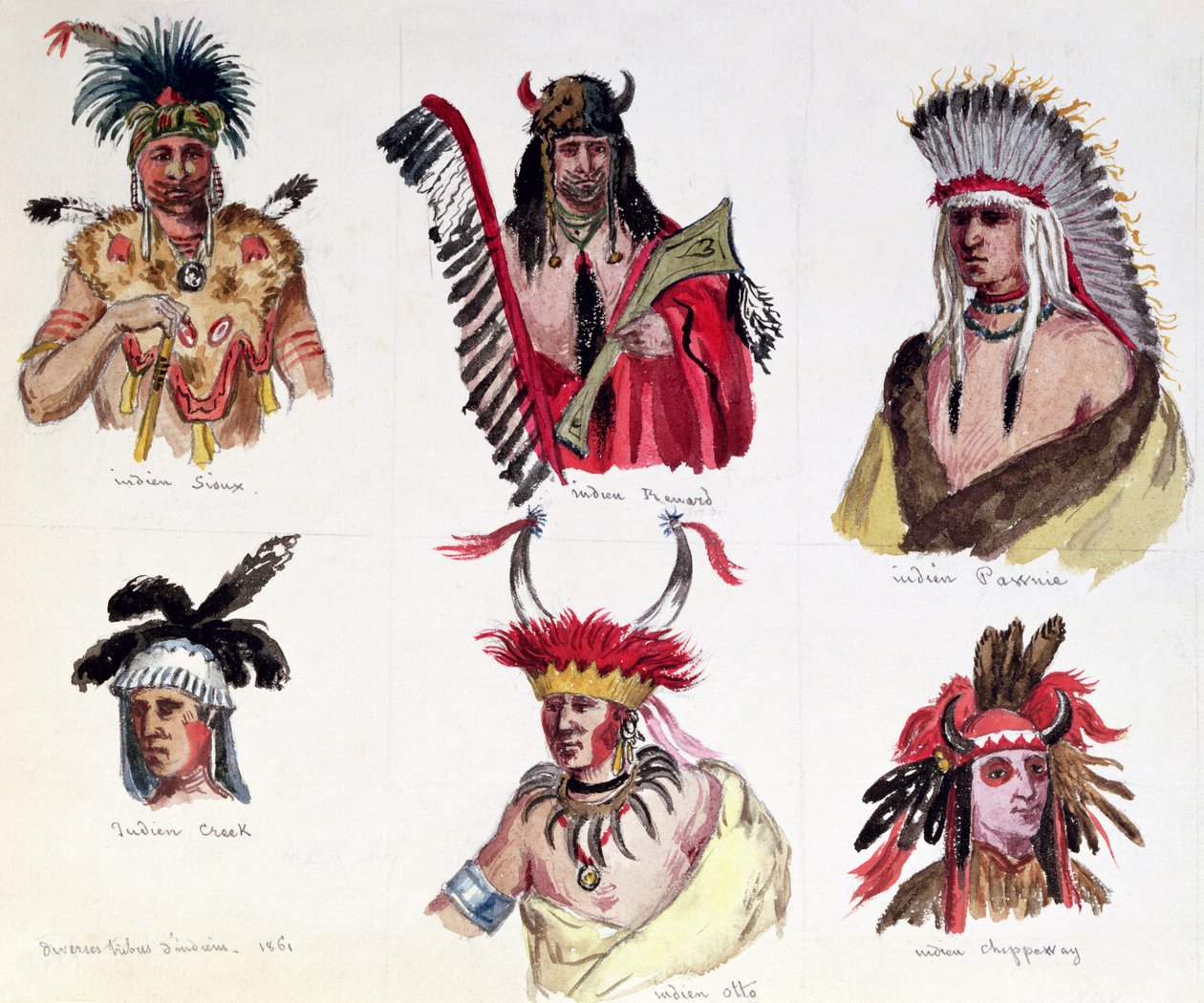 1861年のスー族、レナード族、ポーニー族、クリーク族、オットー族、チペワ族のアメリカ人インディアン6人の肖像 作： モーリス・サンド