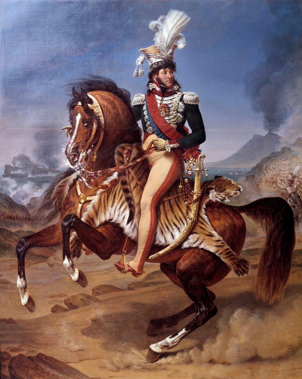 ヨアヒム・ムラット（1767-1815）の騎馬像 ナポリ王からヴェスヴィオ（Vesuvio）を望むナポリへ アントワーヌ・ジャン・グロ（1771-1835）の絵画 19世紀 日。3,43x2,8 m - ナポリにいるナポリ王ヨアヒム・ムラット（1767-1815）の騎馬像 作： アントワーヌ・ジャン・グロ男爵