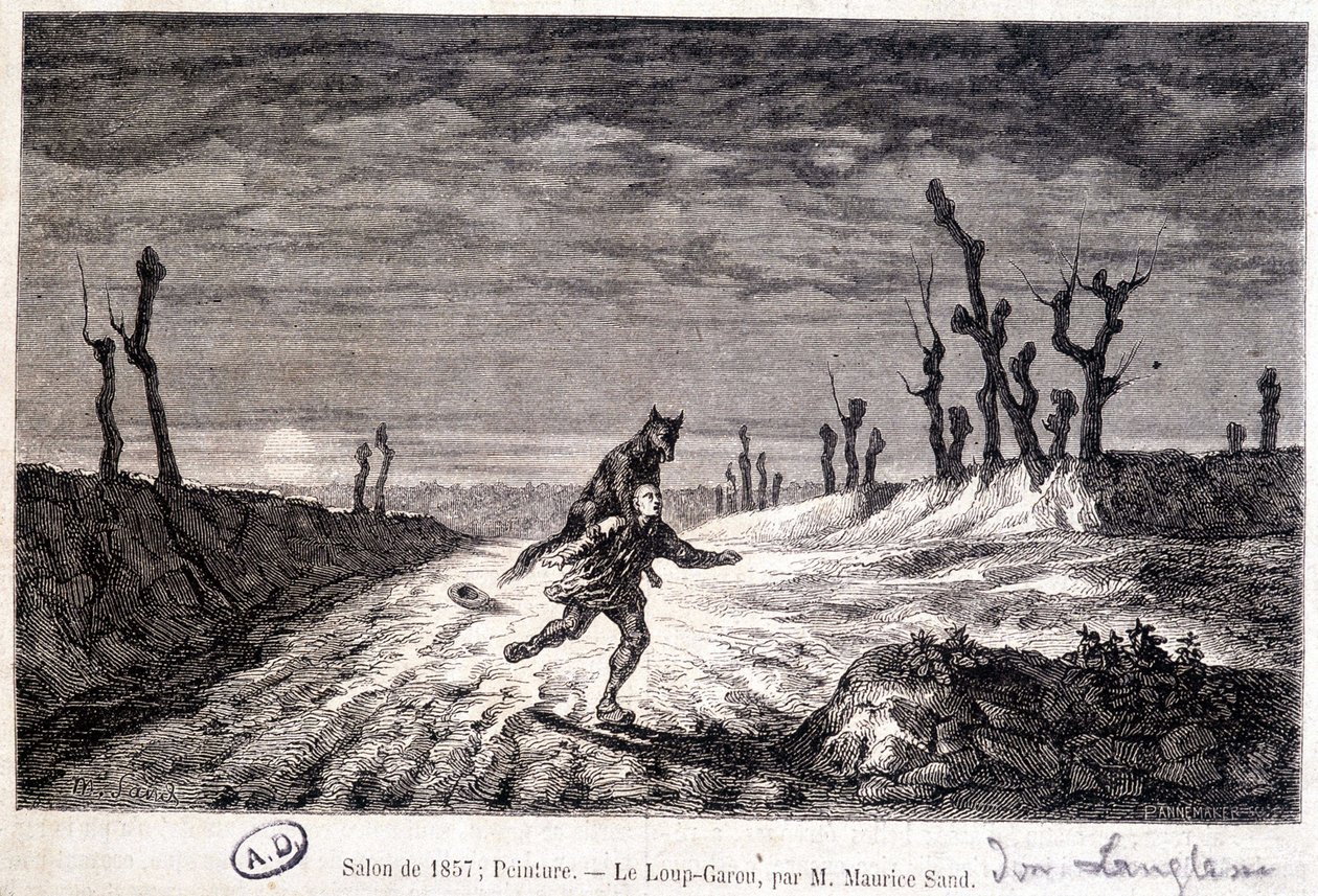 人を襲う狼男（werewolf） - 1857年のサロンに出展されたモーリス・サンドのap.絵画より。 作： デュデヴァント男爵ジャン・フランソワ・モーリス（後）砂