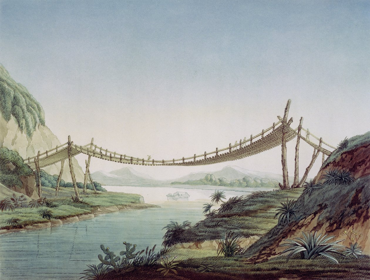 1810年にメキシコのチャンボ川を渡るペニペ近くのロープ橋 作： フリードリヒ・アレクサンダー・フォン・フンボルト男爵