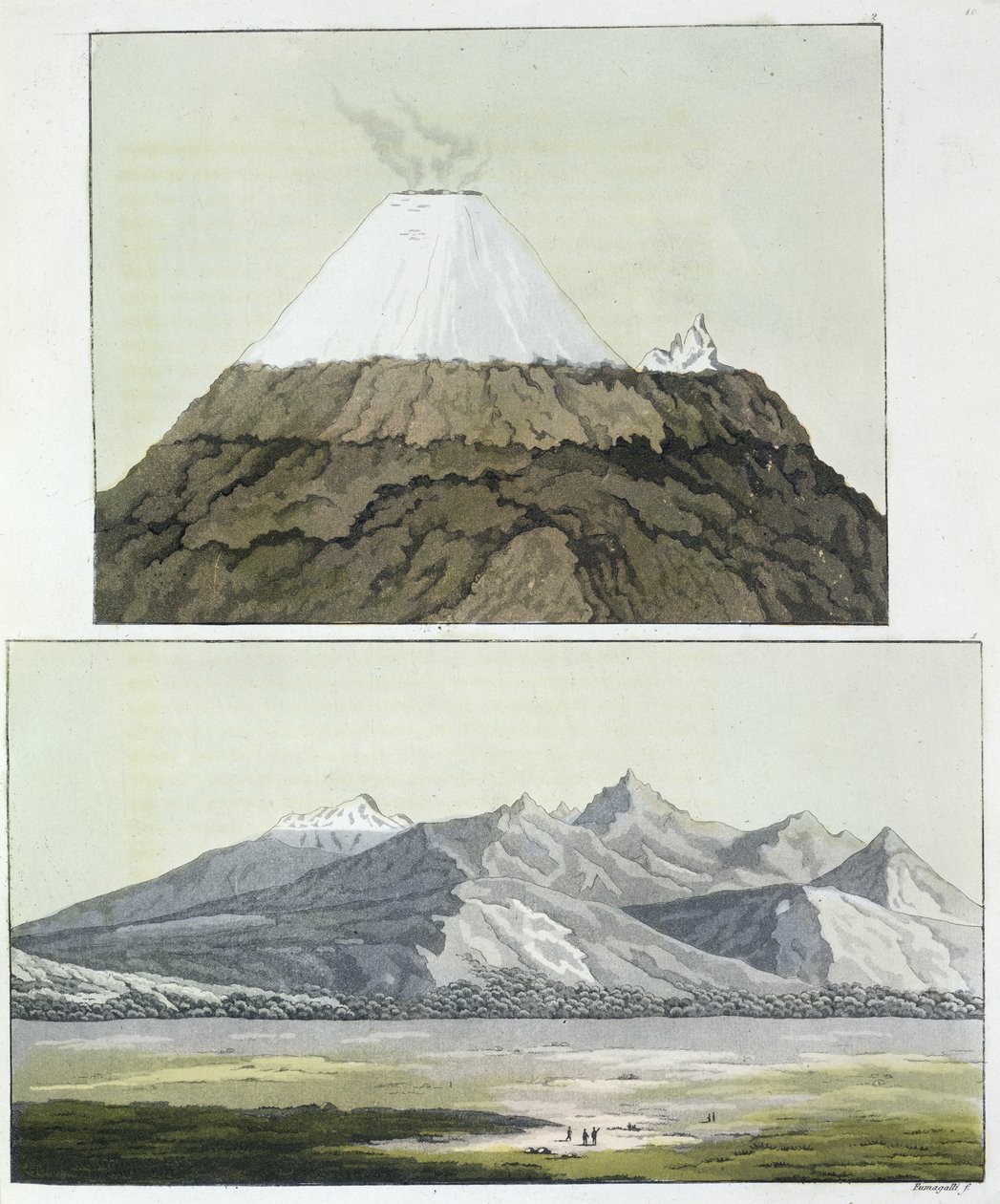 コトパクシの頂上（上）、コトパクシの噴火、1803年（下）、ジュールスフェラーリオ著「ルコスチュームアンシェンエモデルヌ」、ボリュームI、1820年代から30年代に発行 作： フリードリヒ・アレクサンダー・フォン・フンボルト男爵