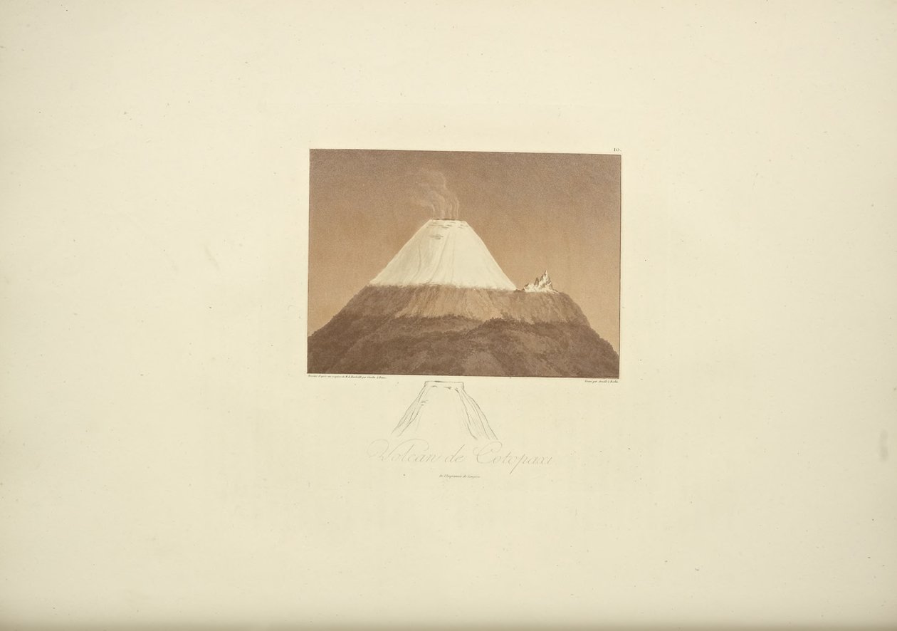 アメリントによって刻まれた、グメリンによって描かれたコトパクシの火山、アレクサンダーフォンフンボルトとエイムボンプランドによる「アメリカ先住民の記念碑と記念碑」のイラスト、1813年 作： フリードリヒ・アレクサンダー・フォン・フンボルト男爵