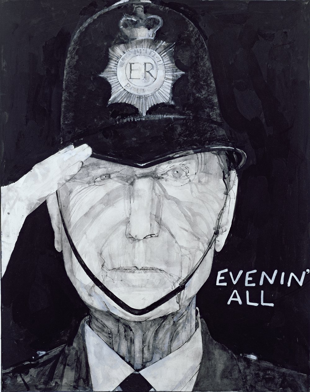 Dixon of Dock Greenとしてのジャックワーナーの肖像画、The Listenerのイラスト、1970年代（ガッシュ、船上） 作： バリー・ファントーニ