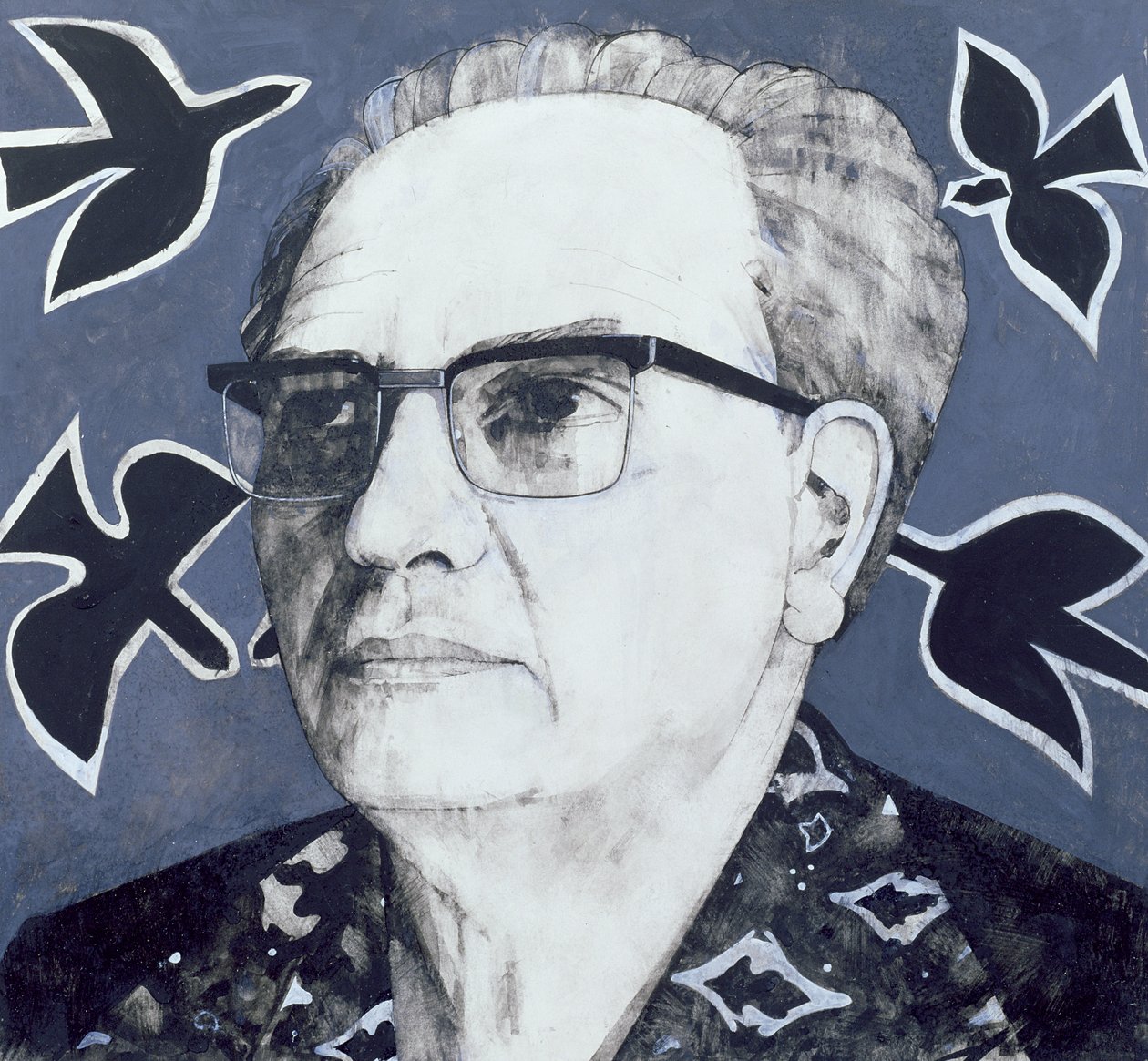 Olivier Messiaenの肖像画、サンデータイム、1970年代のイラスト（ガッシュ、船上） 作： バリー・ファントーニ