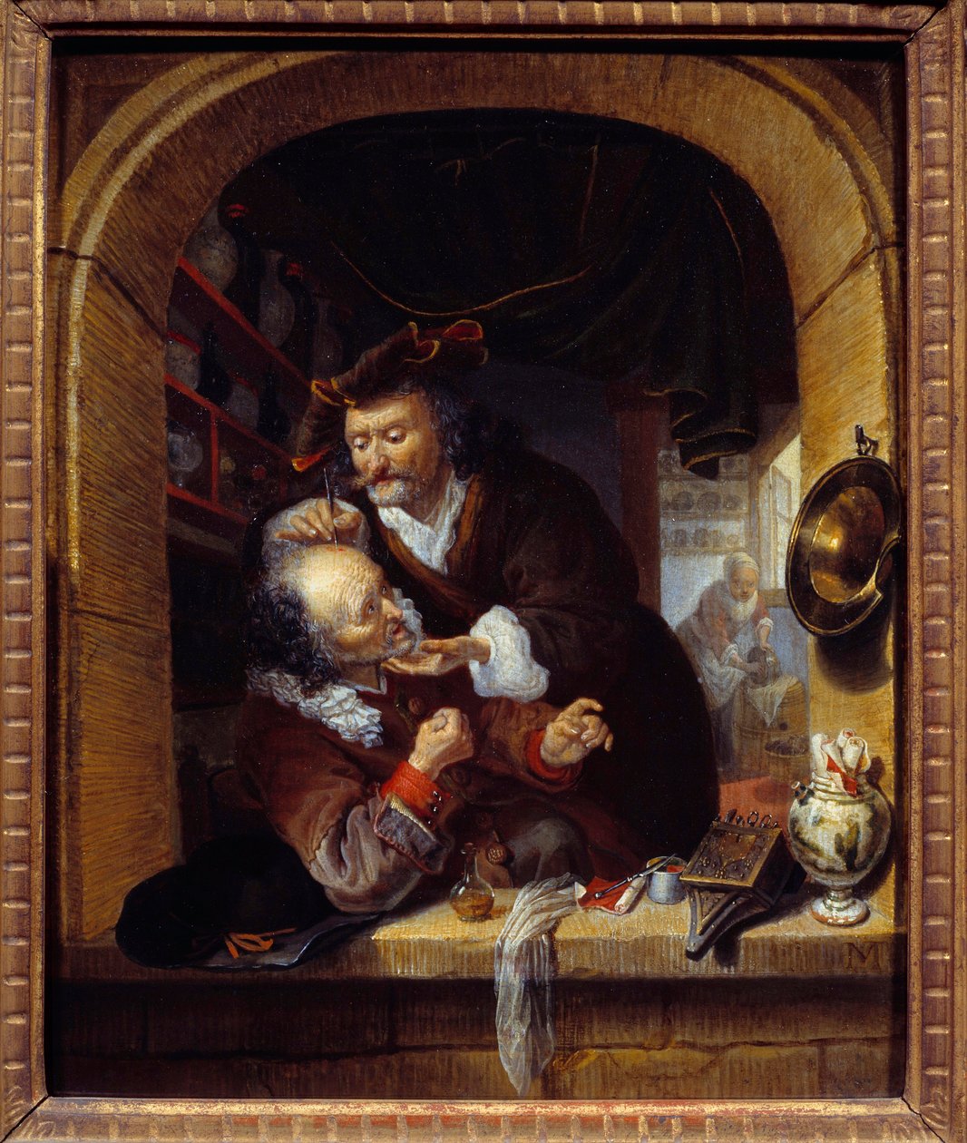 医学の話。"医者は患者の頭痛を治すために小さな出血をさせる" Bartholomeus Maton (1643-1684) の絵画 17世紀 Sun.0.27x0.21 m パリ、プチ・パレ美術館（Musee du Petite Palais 作： バルトロマスマトン