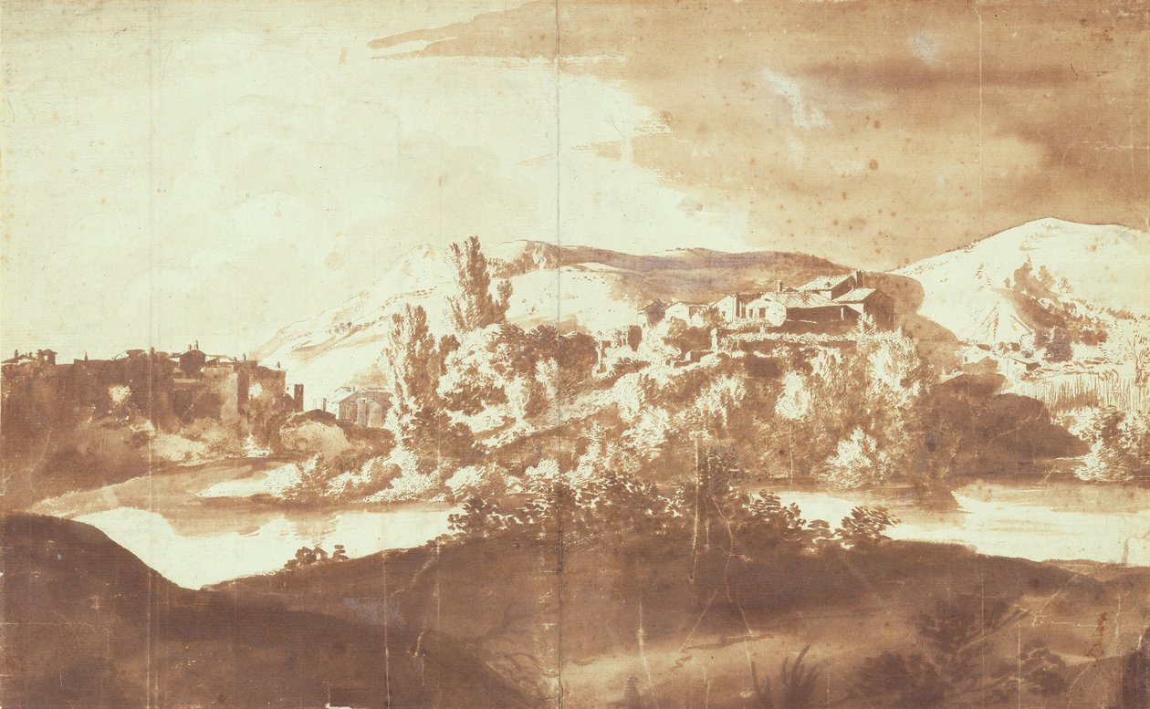 イタリアの川沿いの村、1627年頃（紙に黒鉛の上にペンとインクを塗ったもの） 作： バルトロメウス・ブレンバーグ