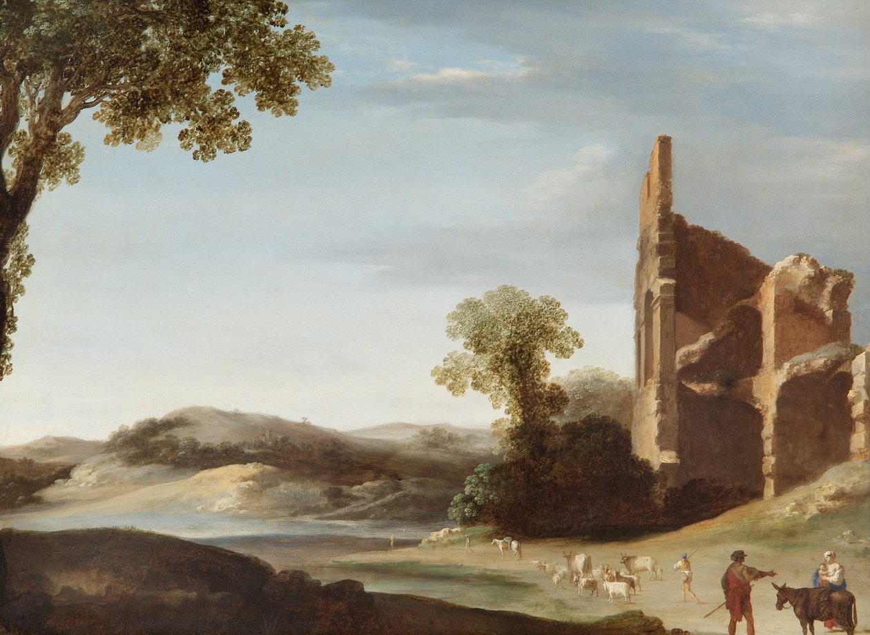 古典的な遺跡と人物のある風景、1630年頃（銅に油彩） 作： バルトロメウス・ブレンバーグ