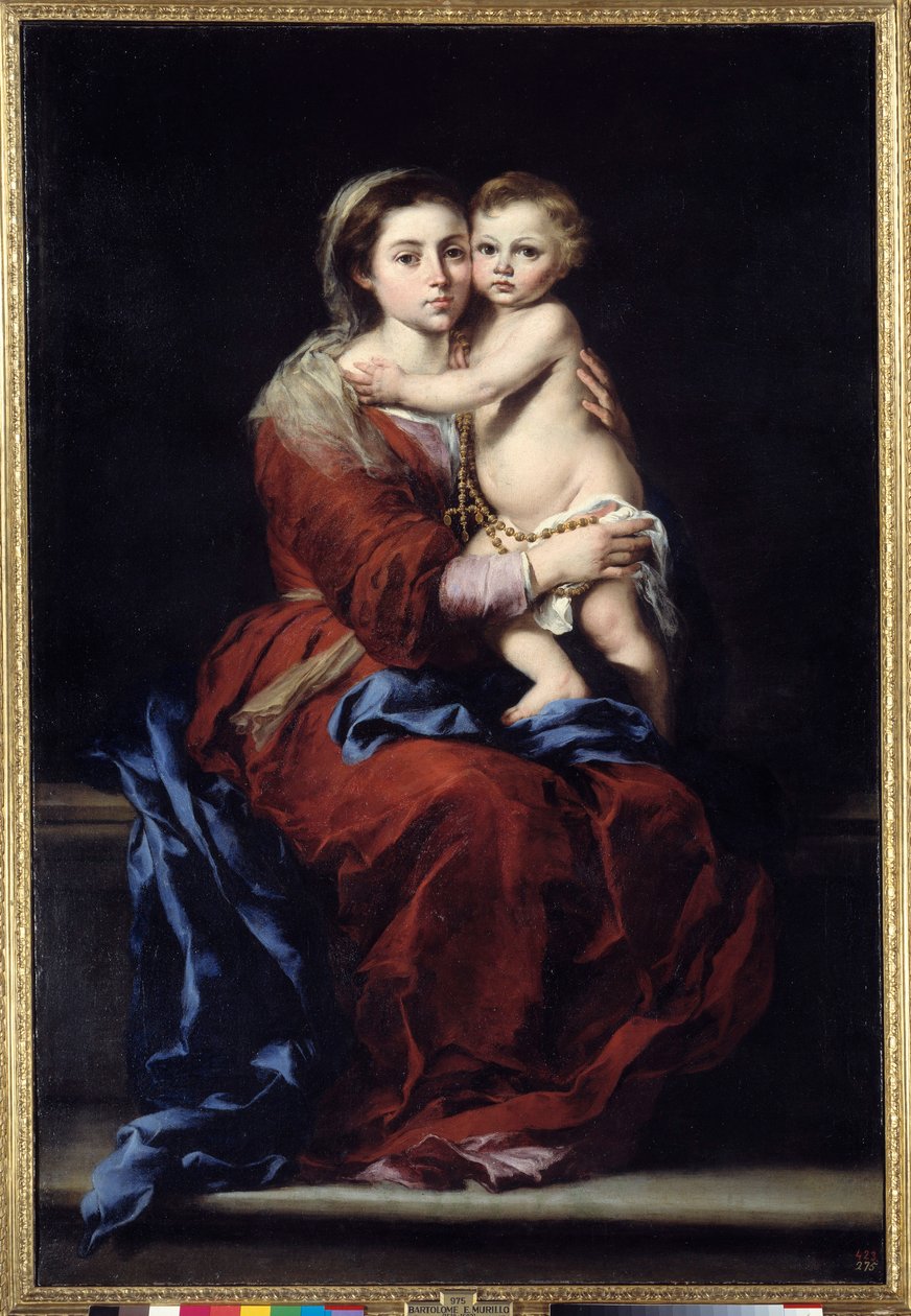 ロザリオの処女です。マドンナは子供を持っています。バルトロメ・ムリーリョ（1618-1682）の絵画 作： バルトロメエステバンムリーリョ