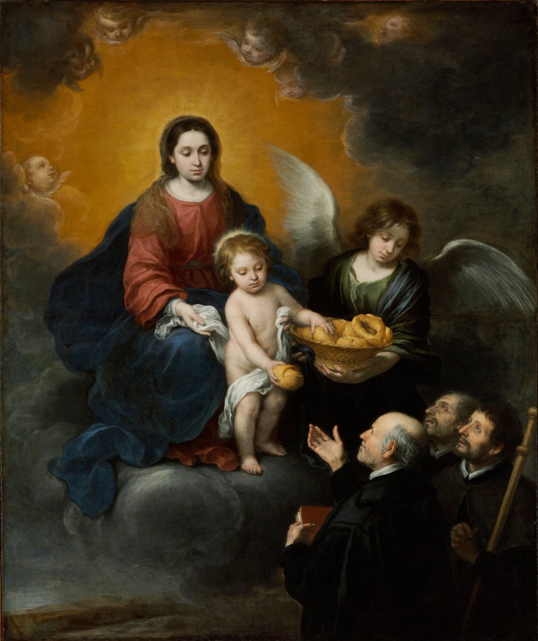 巡礼者にパンを配る幼子キリスト - バルトロメ・エステバン・ムリーリョ (1617-1682) 作、キャンバスに油彩 (219x182 cm) 作： バルトロメエステバンムリーリョ