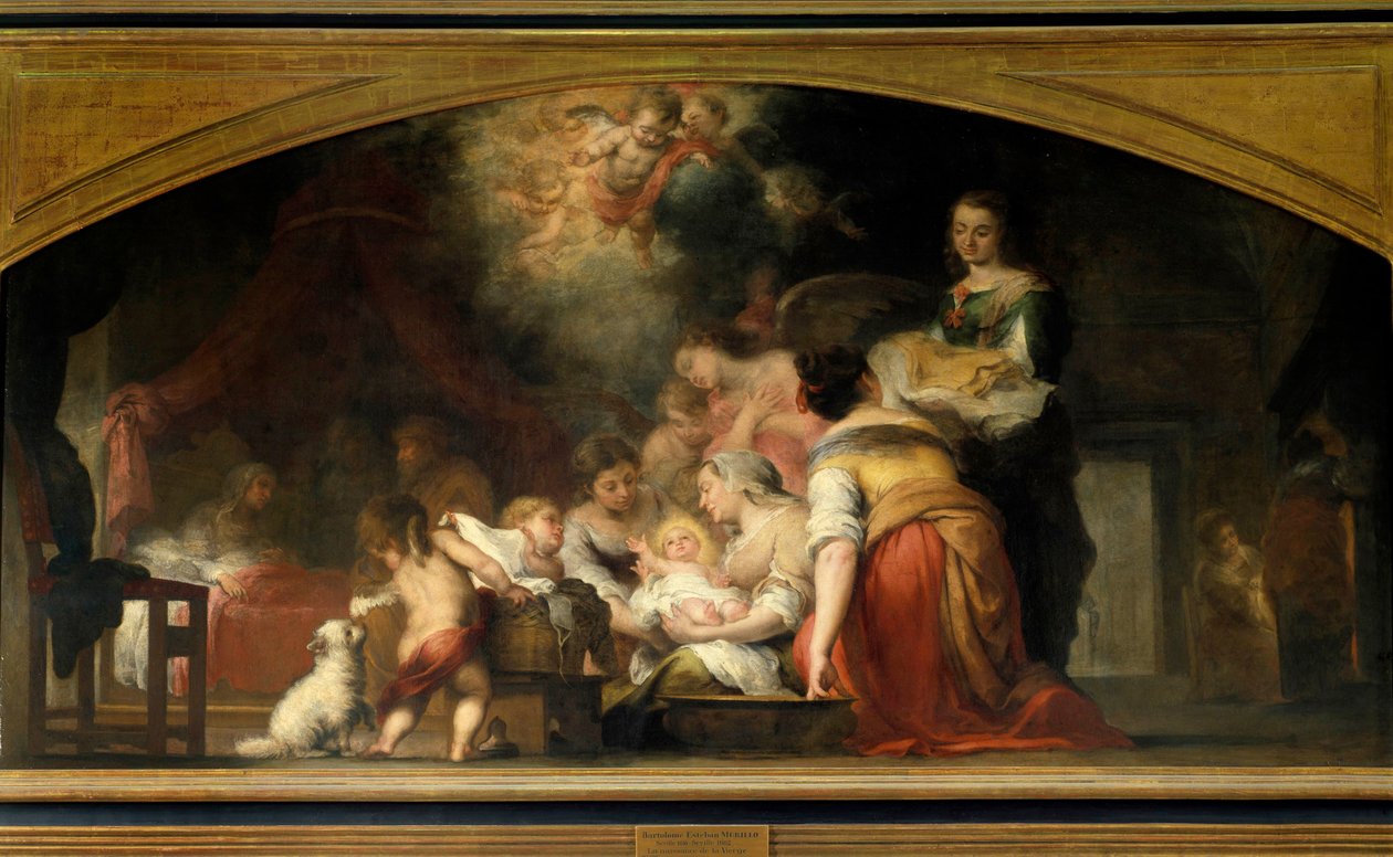 聖母マリアがマリアを出産する様子。バルトロメ・ムリーリョ（1618-1682）画 1661年 日1,79x3,49 m パリ、ルーヴル美術館 作： バルトロメエステバンムリーリョ