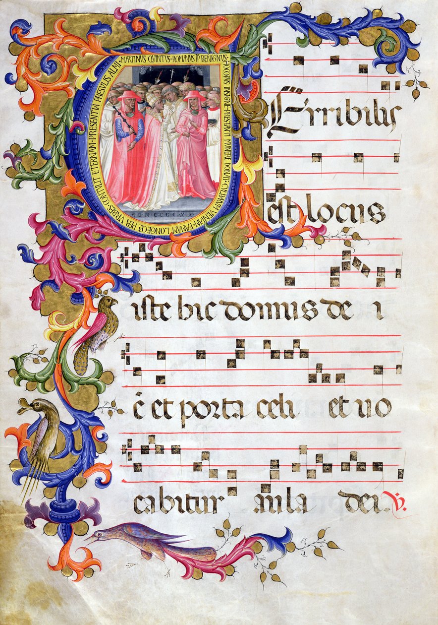 Ms 557 f.61v歴史的な初期の「U」を描いた教皇マーティン5世（1368〜1431年）を描いたページ。サンマルコエチェナコリ（1420年）からの対唱者から聖エジディオ教会を奉献した（詳細は7を参照） 作： バルトロメオディフルーシノ
