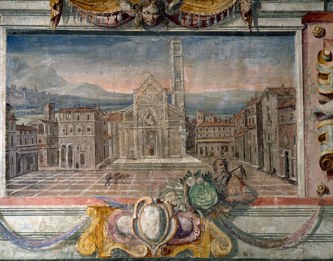 ベッドルーム、メディチ家の支配下にある町を描いたフリーズの詳細、おそらくルッカ、1564年から75年のフレスコ画 作： バルトロメオ・アンマナティ