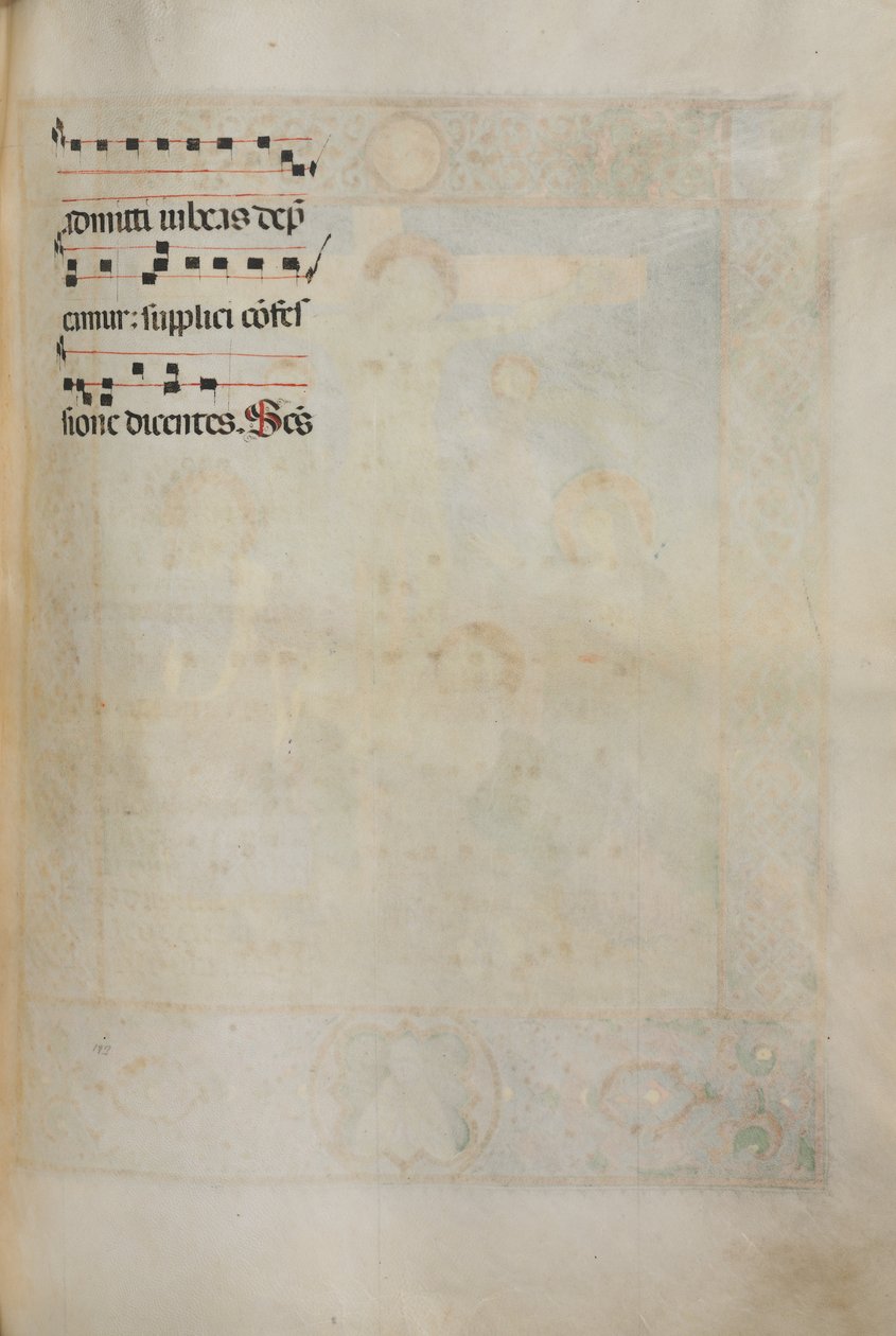 Missale：Fol。 185：さまざまな普通の祈りのための十字架、紅葉、音楽、1469年。 作： バルトロメオ・カポラリ