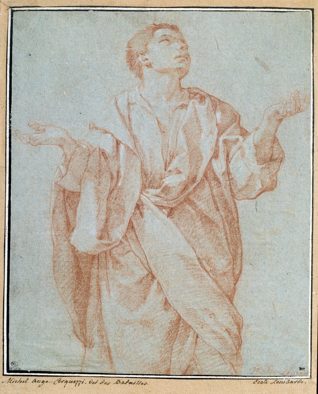 男はドレープをかけ、両手を広げ、目を天に向け、頭を傾ける Bartolomeo Cesi (1556-1620) のDrawing a la sanguine 薄暗い。0.28 x 0.23 m パリ.ルーヴル美術館 作： バルトロメオ・チェシ