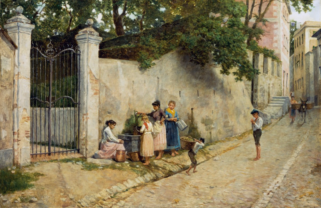 噴水で、バルトロメオ・ジュリアーノ（1825-1909）作、キャンバスに油彩、64.5x100 cm 作： バルトロメオ・ジュリアーノ