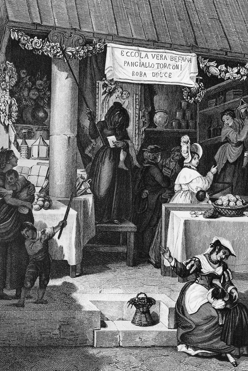 ベファーナ（イタリアのクリスマスの魔女）、エピファニーの時期にナヴォーナ広場でお菓子やヌガーを売る露店、ローマ、Bartolomeo Pinelliのエングレーヴィング 作： バルトロメオ・ピネリ