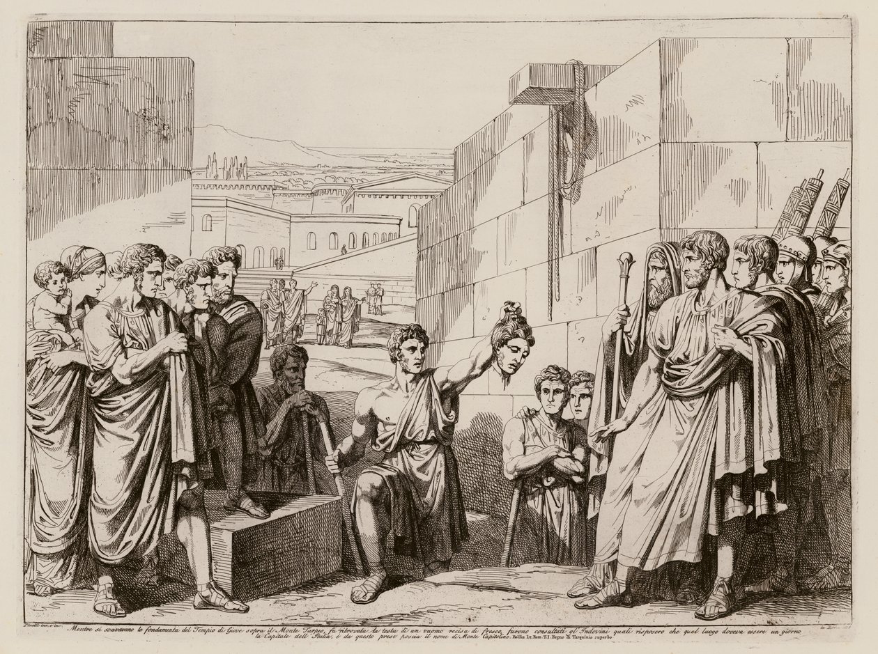 ローマ、ユピテル神殿の土台を掘っているときに発見された男性の切断された頭部（エッチング） 作： バルトロメオ・ピネリ