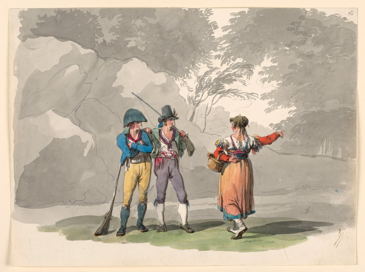 デッサン、銃を持った女と二人の男。ナポリ王国の衣装、1807-08年 作： バルトロメオ・ピネリ