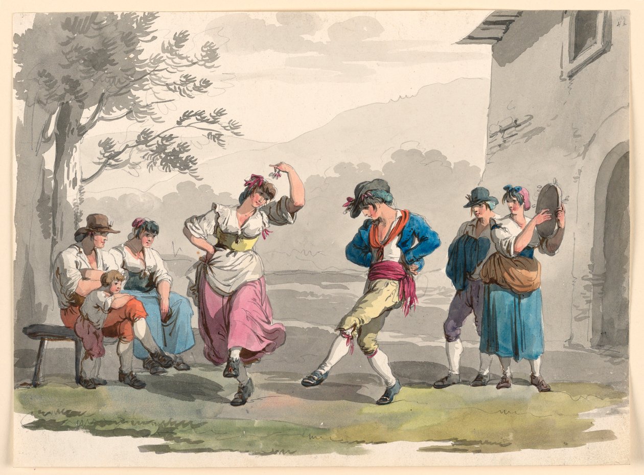 素描『サルタレッロ・ロマーノ』、ローマ近郊の農民の踊り、1807-08年 作： バルトロメオ・ピネリ