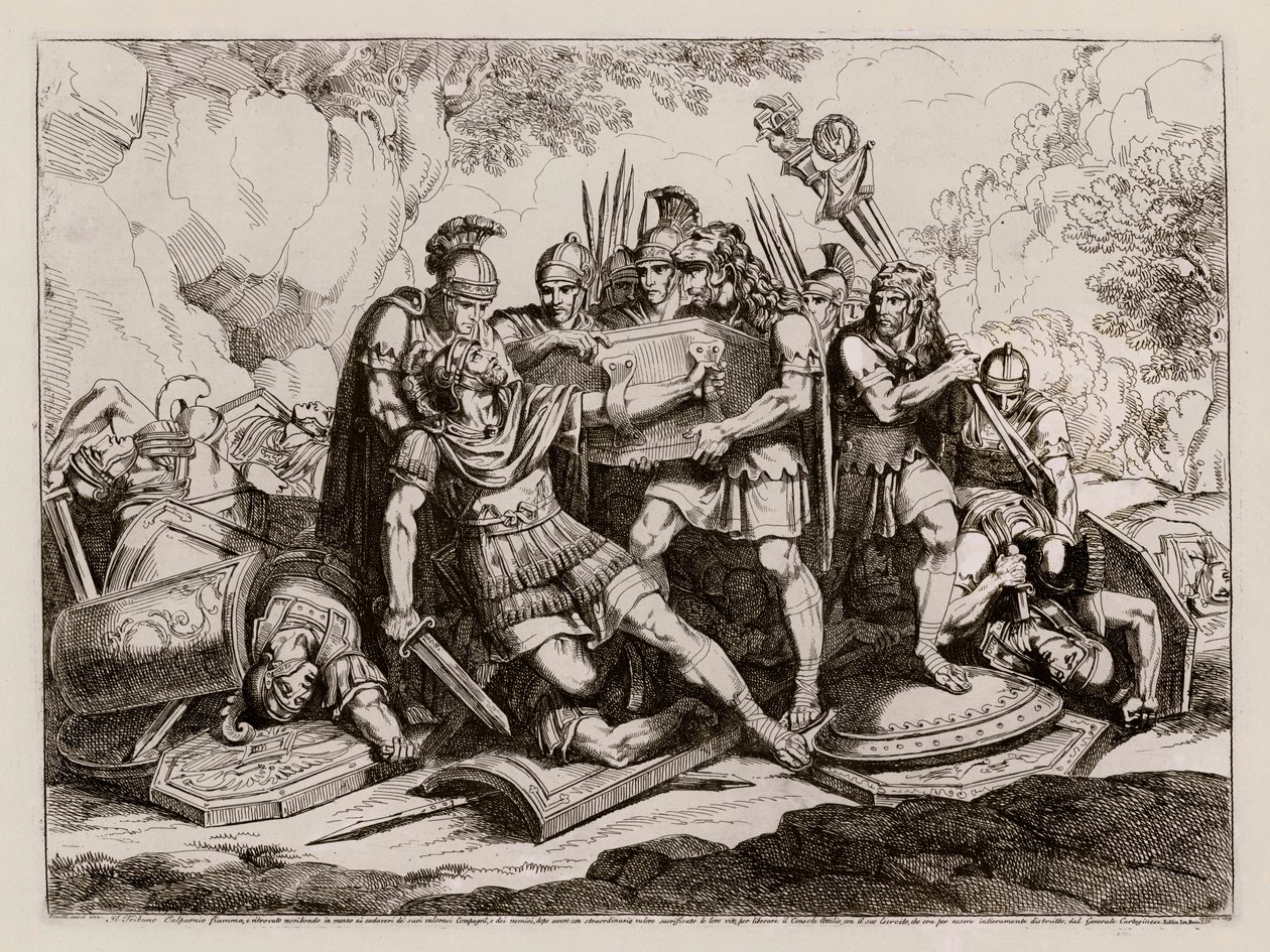 カルタゴ軍に殺された仲間の死体の下で生きて発見されたマルクス・カルプルニウス・フランマ（銅版画） 作： バルトロメオ・ピネリ