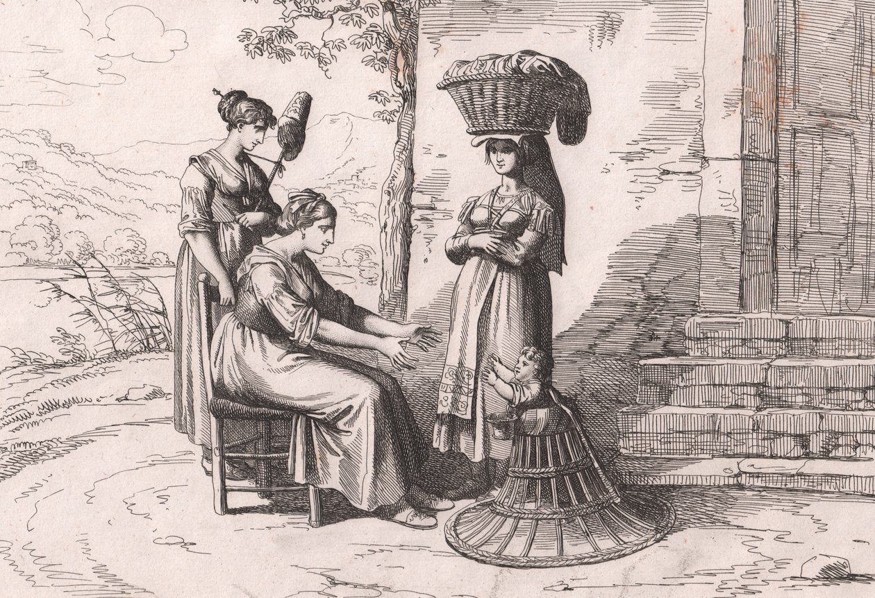 伝統的な衣装を身にまとったローマの女性たち、Bartolomeo Pinelliの銅版画（ローマ 作： バルトロメオ・ピネリ