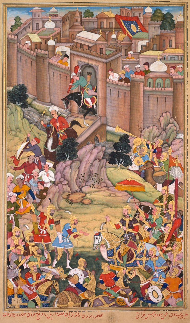 Hulagu Khan の時代の Arbela の包囲、Rashid al-Din (Persian、1247–1318) の Jami al-tavarikh (年代記の大要) の Chingiz-nama (Book of Chingiz Khan) のページ 作： バサバナ