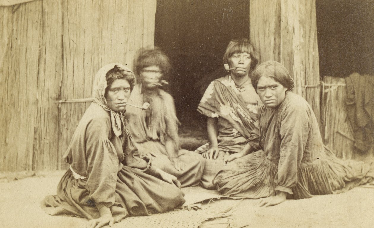 マオリ女性の家の外、1865年頃（アルブメンプリント） 作： バットとリチャーズ
