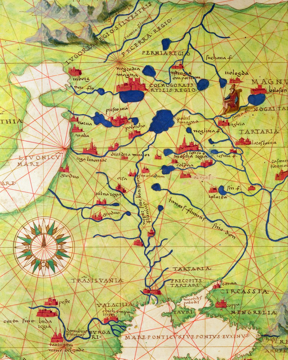 1553年9月1日、ヴェネツィアの33の地図にある世界地図からのヨーロッパおよび中央アジアの詳細（ベラムのインク）（330953も参照） 作： バッティスタ・アグネーゼ