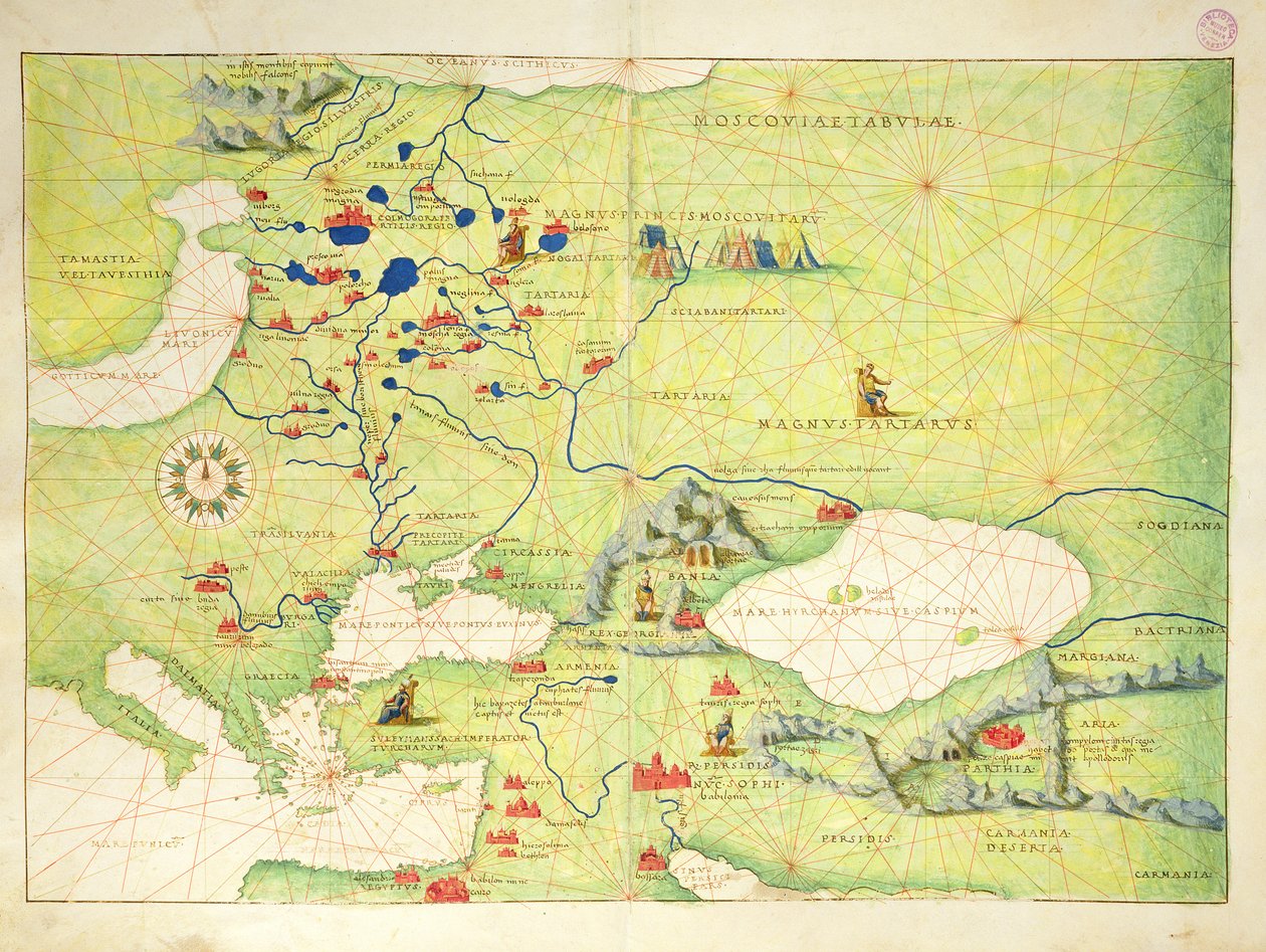 1553年9月1日、ヴェネツィアの33の地図にある世界地図からのヨーロッパと中央アジア（ベラムのインク）（330954も参照） 作： バッティスタ・アグネーゼ