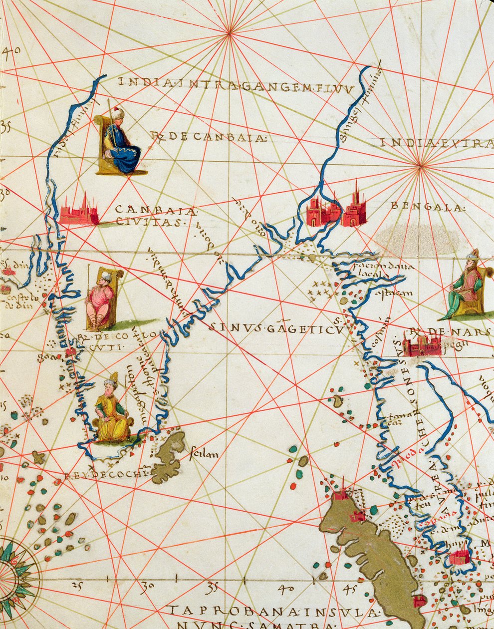1553年9月1日、ベニスの33の地図にある世界地図からのインドとマレーシア（1553年9月1日、ベラムにインク）（330955からの詳細） 作： バッティスタ・アグネーゼ