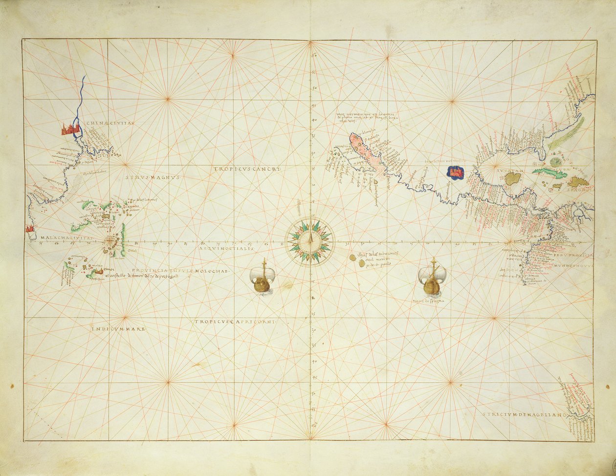 1553年9月1日、ベニスの33マップにある世界地図からの太平洋（ベラムのインク）（330962も参照） 作： バッティスタ・アグネーゼ