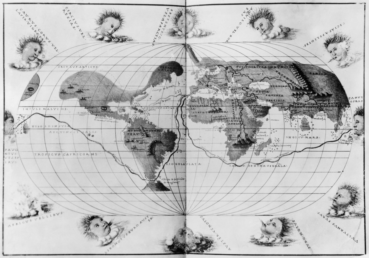 マゼランの世界の航海をたどる世界地図、「世界のポルトランアトラス」、c.1540（63417、151822も参照） 作： バッティスタ・アグネーゼ