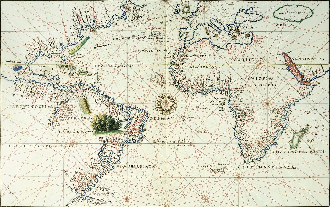 南北アメリカの東海岸を示す大西洋の2ページの地図、1544 作： バッティスタ・アグネーゼ