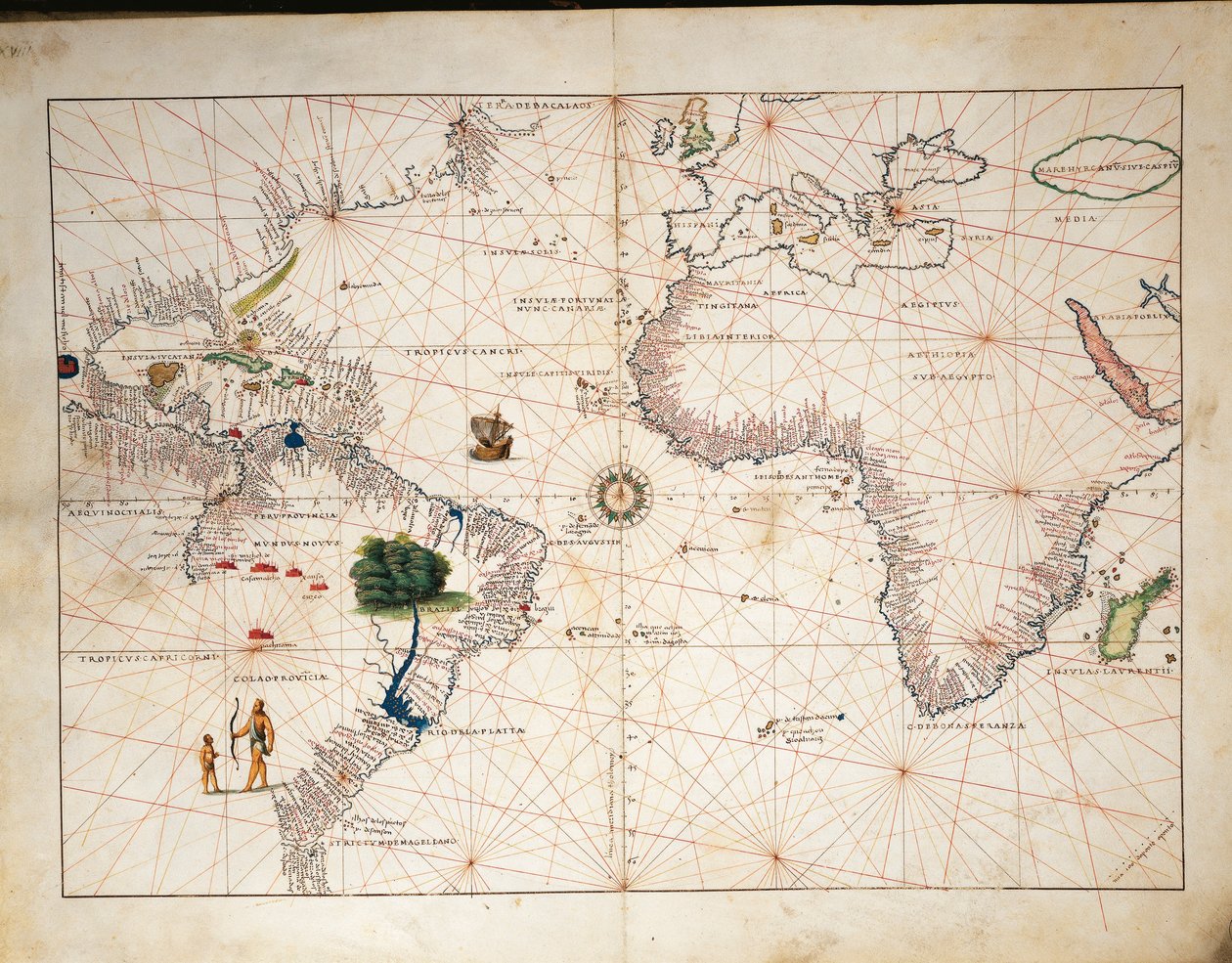 アフリカ、ヨーロッパ、アメリカ大陸の一部（Battista Agnese著『Atlas of World in thirty-three Maps』より 作： バッティスタ・アグネーゼ