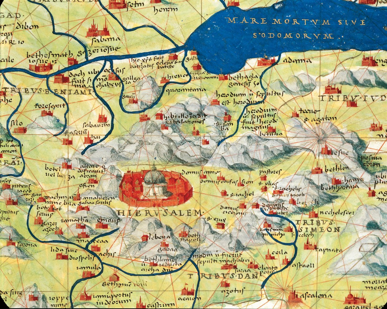 聖地、イスラエル、パレスチナエルサレムと死海（Battista Agnese著『Atlas of the World in thirty-three Maps』より 作： バッティスタ・アグネーゼ