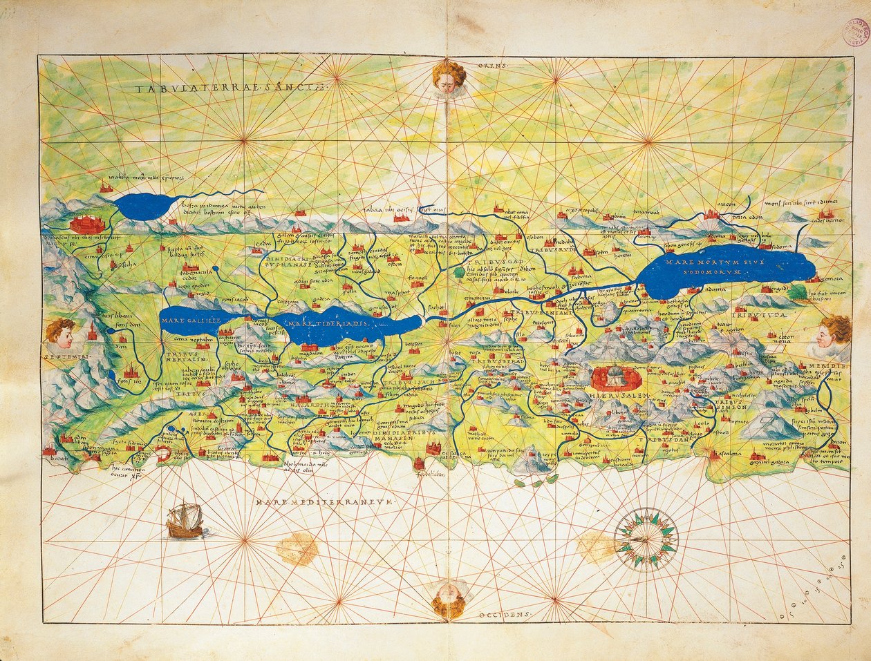 聖地、イスラエル、パレスチナ、『Atlas of the World in thirty-three Maps』（Battista Agnese著）より 作： バッティスタ・アグネーゼ